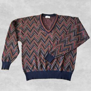 Tricots St Raphael Sweater Men's Large Vintage 90s V Neck Zig Zag Jewel Tones
